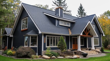 Poster - A large black house with a wooden trim and a black roof