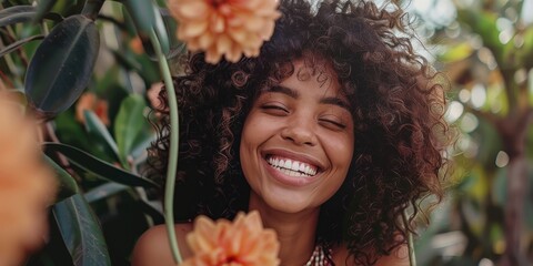 Wall Mural - A woman with curly hair is smiling and surrounded by orange flowers