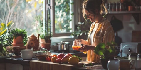 Sticker - A woman is in a kitchen, smiling and holding a jar of honey