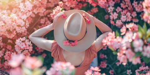 Wall Mural - A woman wearing a straw hat is standing in a field of pink flowers