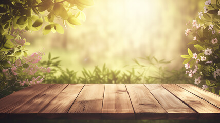 Aufkleber - Spring beautiful background with green lush young foliage and flowering branches with an empty wooden table on nature outdoors in sunlight 
 garden