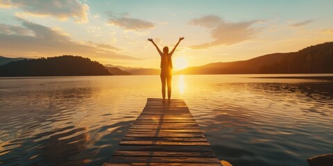 Poster - A person standing on a pier with the sun setting in the background