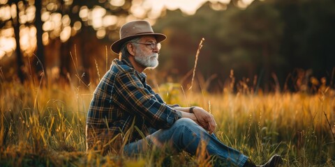 Sticker - A man in a plaid shirt and hat is sitting in a field of tall grass