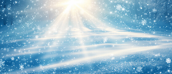 Aufkleber - Winter snow background with snowdrifts, with beautiful light and snow flakes on the blue sky in the evening, banner format