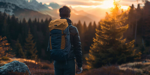 Wall Mural - A man is standing in a forest with a backpack on