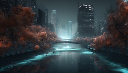 Wall Mural - a futuristic city with a river