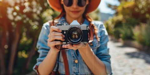 Sticker - A woman is holding a camera and wearing a hat