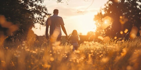 Wall Mural - A man and a child are walking through a field of tall grass