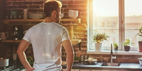 Sticker - A man in a white shirt stands in a kitchen looking out the window