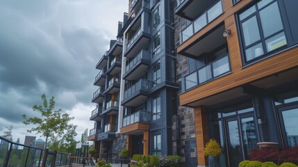 Poster - A large apartment building with balconies and a view of the sky