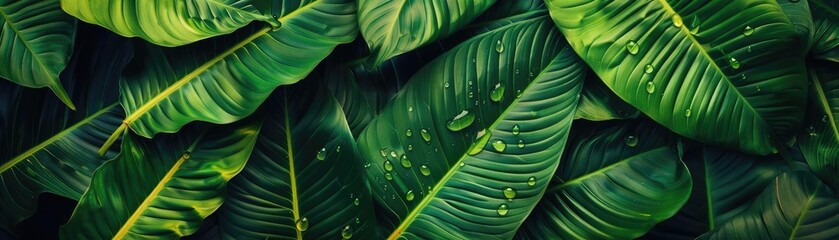 Lush green tropical leaves with water droplets, creating a vibrant and fresh natural background, ideal for nature and botanical themes.