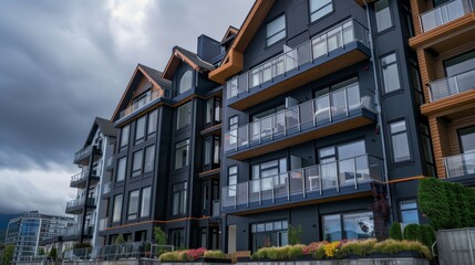 Canvas Print - A large apartment building with a lot of windows and a green lawn