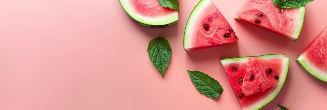 a group of slices of watermelon with leaves on a pink background