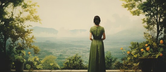 Poster - Woman gardening Lady in a green dress. Creative banner. Copyspace image