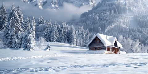 A cabin in the woods is covered in snow