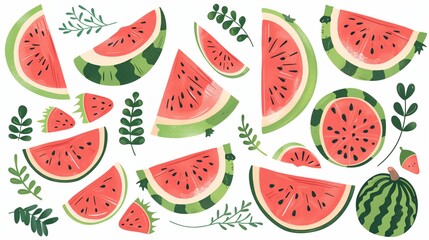 a watermelon pattern with leaves and slices