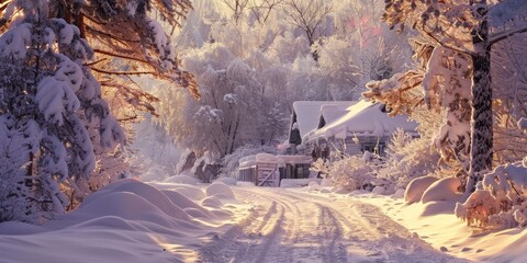 Wall Mural - A snowy road with a house in the background