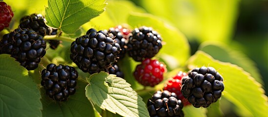 Canvas Print - Red and black wild blackberries bushes and branches on green leaves in the garden during a sunny summer day Close up view of a bunch of blackberry This red fruit is known for its antioxidant power