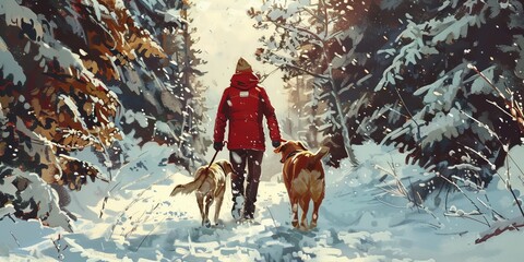 Sticker - A man in a red jacket is walking two dogs in the snow