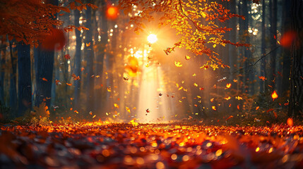 Wall Mural - Evening light shining through a forest with colorful autumn leaves on the ground