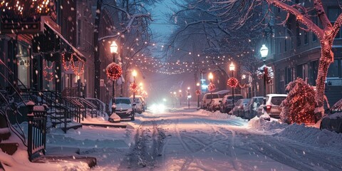 Wall Mural - A snowy street with lights on the trees and cars driving by