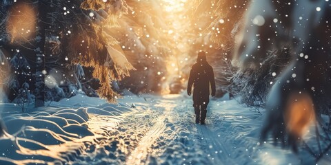 Wall Mural - A person is walking through a snowy forest