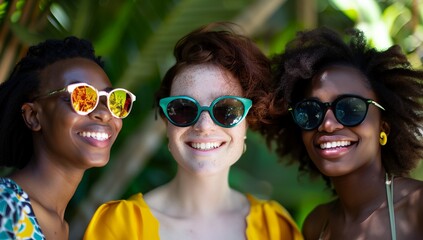 Wall Mural - three women wearing sunglasses and smiling for the camera with a green background