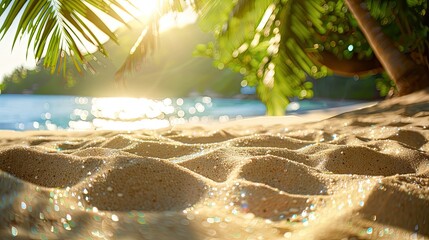 Tropical summer sand beach and bokeh sunlight