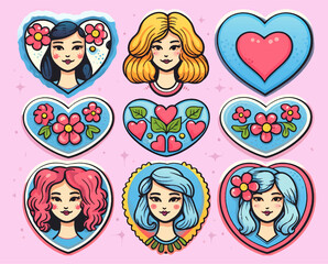 Wall Mural - set of stickers groovy lovely cartoon face characters heart. retro happy valentines day. trendy retr
