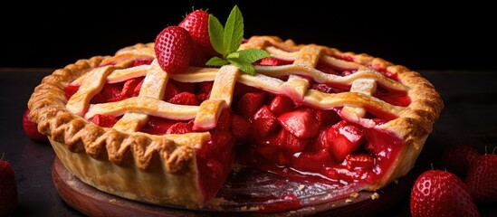 Poster - Sweet homemade Strawberry Rhubarb Pie Ready to Eat. Creative banner. Copyspace image