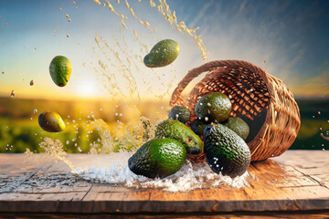 avocado in a basket, fruits on a wooden table, coutryside background