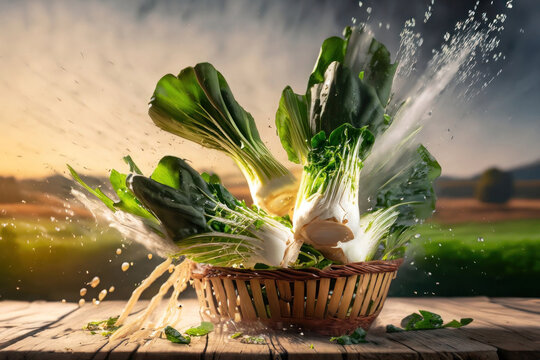 bok choy in a basket, vegetable on a wooden table, coutryside background