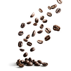 Coffee beans captured in midair, isolated on a clean white backdrop with dynamic motion effect