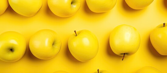 Aufkleber - Seamless regular pattern with fresh apples on a yellow background Hard light Minimal summer composition. Creative banner. Copyspace image