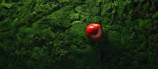 Poster - The red apple lies on the green moss The view from the top. Creative banner. Copyspace image