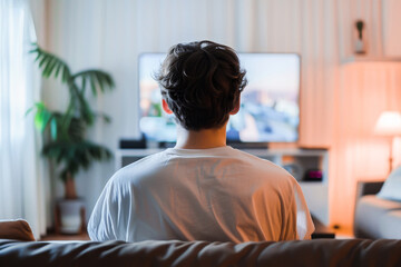 A man watching television in a modern living room from behind. The room features cozy decor, including a plant and comfortable couch.