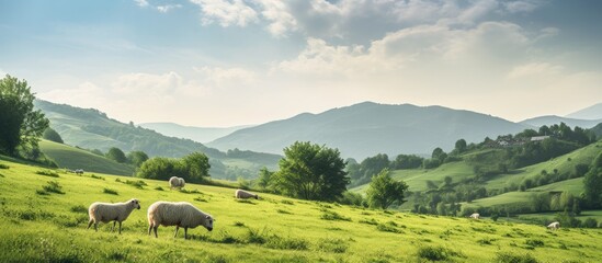 Sticker - Details of a herd of sheep eating in a field. Creative banner. Copyspace image