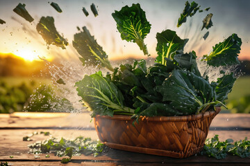 collard green in a basket, vegetables on a wooden table, countryside in background