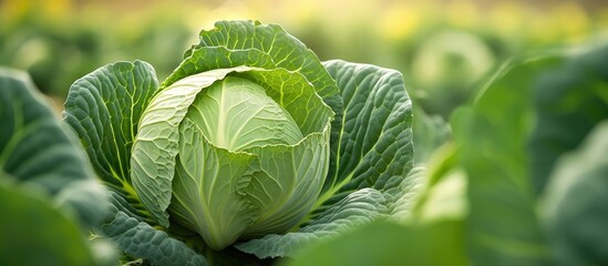 Poster - Fresh green big cabbage organic vegetables in the farm. Creative banner. Copyspace image