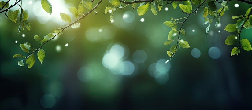 Dark green color background Vegetative background branches close up blurred bokeh background Dark beautiful green. Creative banner. Copyspace image