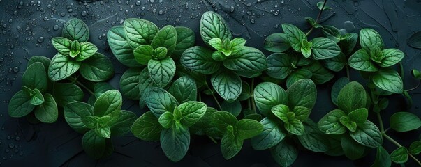 Fresh green mint leaves close-up, top view. Lush foliage of fragrant mint plants on a dark background. Organic and natural herb imagery.