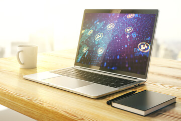 Wall Mural - modern computer screen with social network icons concept and world map. networking concept. 3d rende