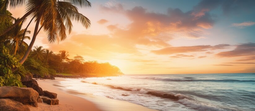 Golden sunset cloudy sky on calm and clean tropical beach. Creative banner. Copyspace image