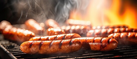 Wall Mural - Grilling sausages on barbecue grill Selective focus. Creative banner. Copyspace image