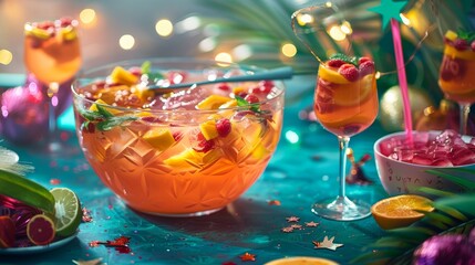 A vibrant tropical fruit punch in a large bowl with a ladle generated by AI