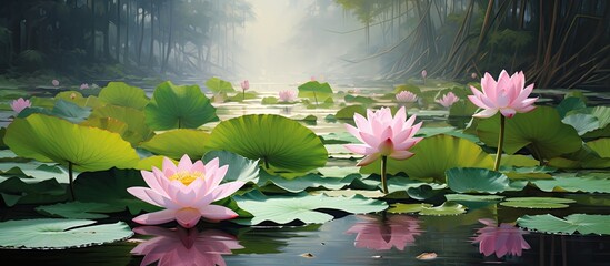 Aufkleber - beautiful pink lotus flowers in the pond surrounded by big green leaves. Creative banner. Copyspace image