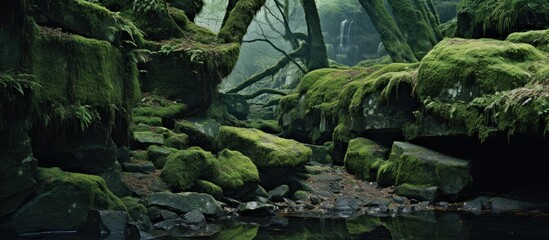 Poster - mossy stream surrounded by tree roots. Creative banner. Copyspace image
