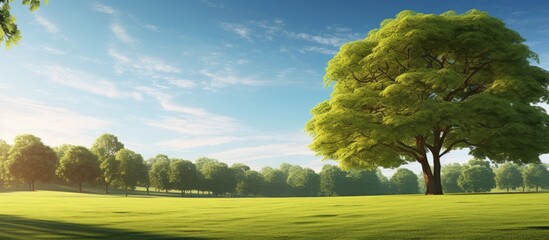 Sticker - Lawn with bright green grass in a park with a large tree and sunlight. Creative banner. Copyspace image