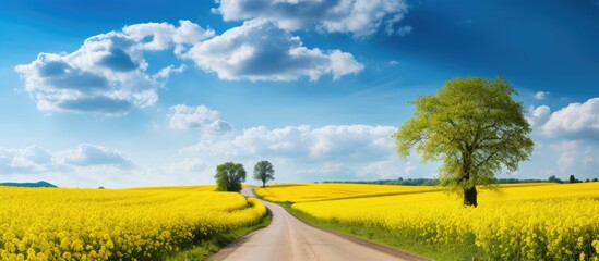 road in the field summer yellow rapeseed field shade from the sun. Creative banner. Copyspace image