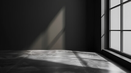 d rendering of empty room with window. Dark wall and concrete floor. Sunlight from the left side, shadow on right. Realistic scene. Black background. High resolution.